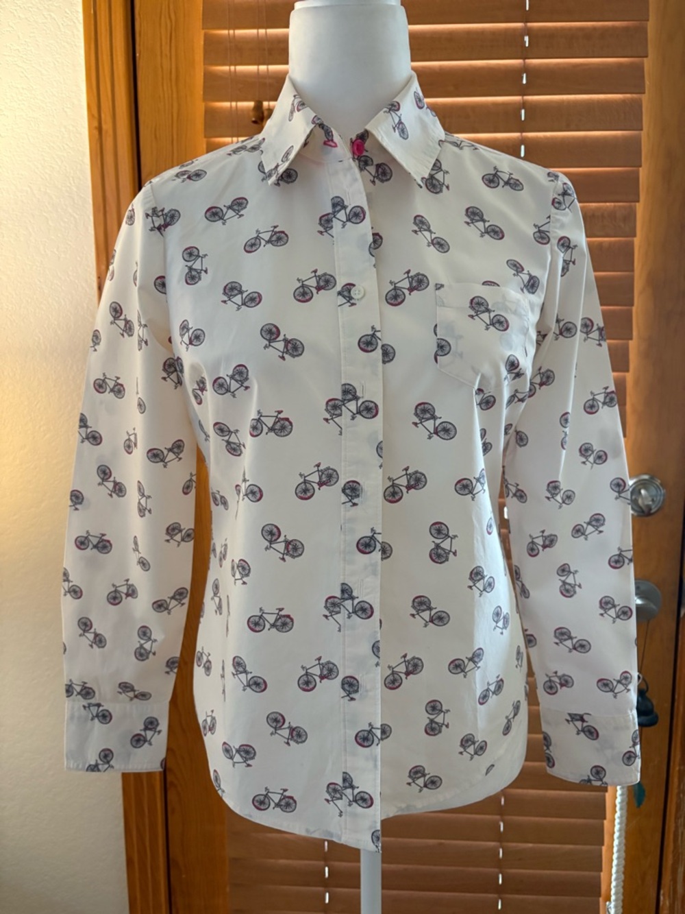 Boden White Shirt with Pink Bicycle Theme, Size US 4